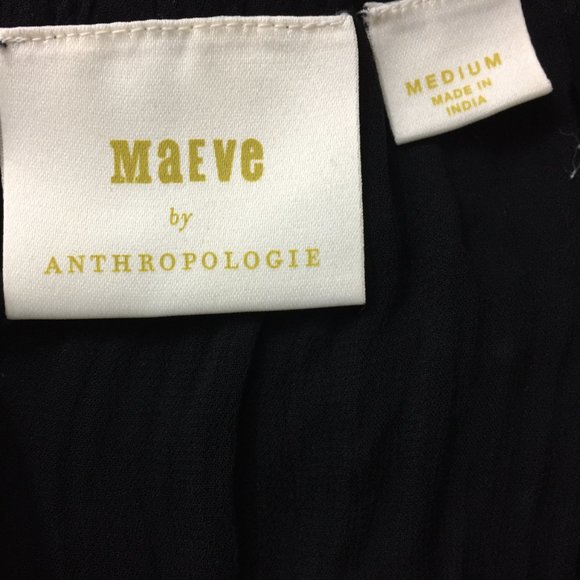 MAEVE Anthropologie Black Crepe Chiffon Cold Shoulder Ruffle Sleeve Button Shirt - Picture 2 of 10